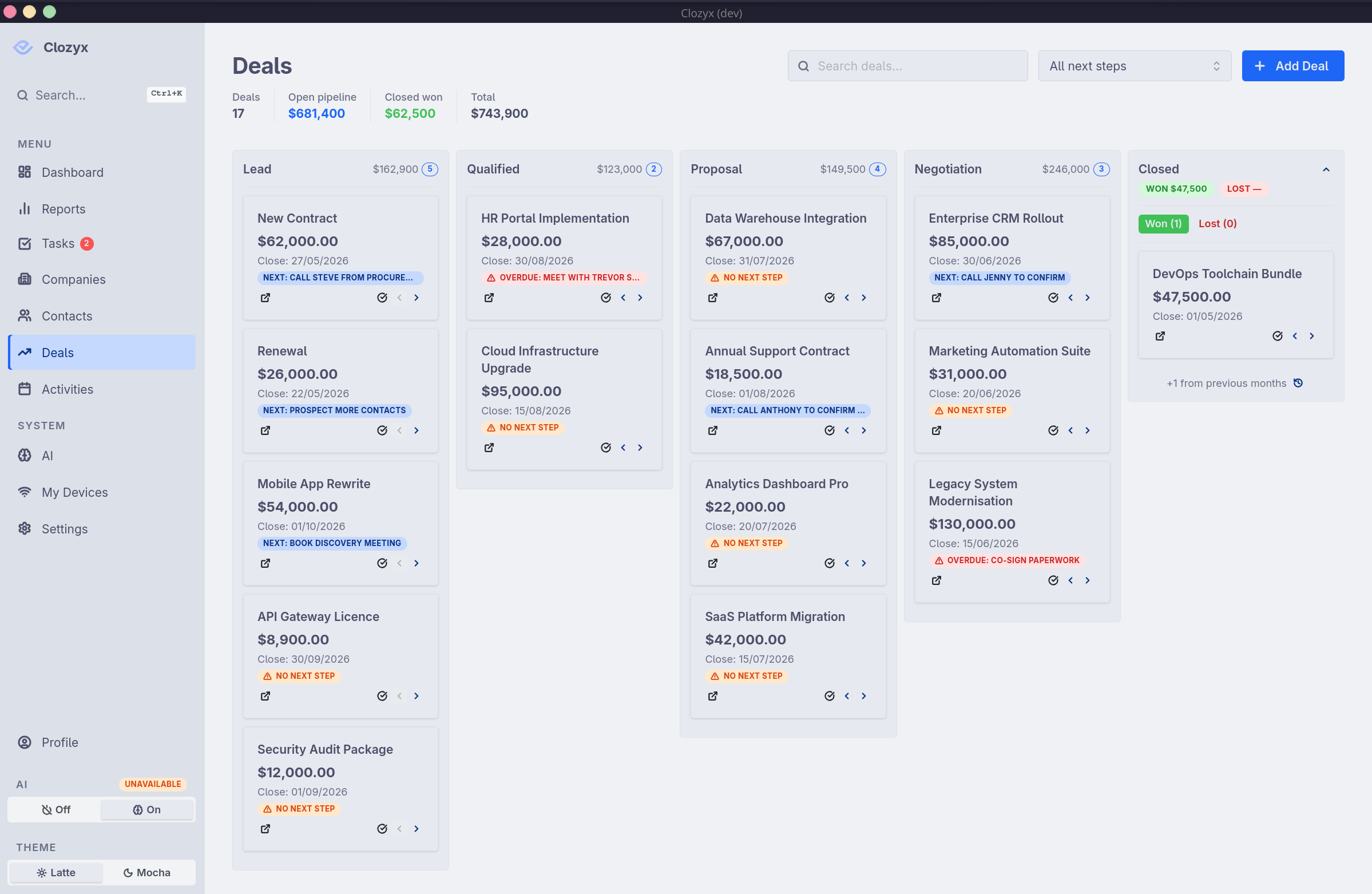Clozyx deals board showing deal cards with blue and orange next step badges