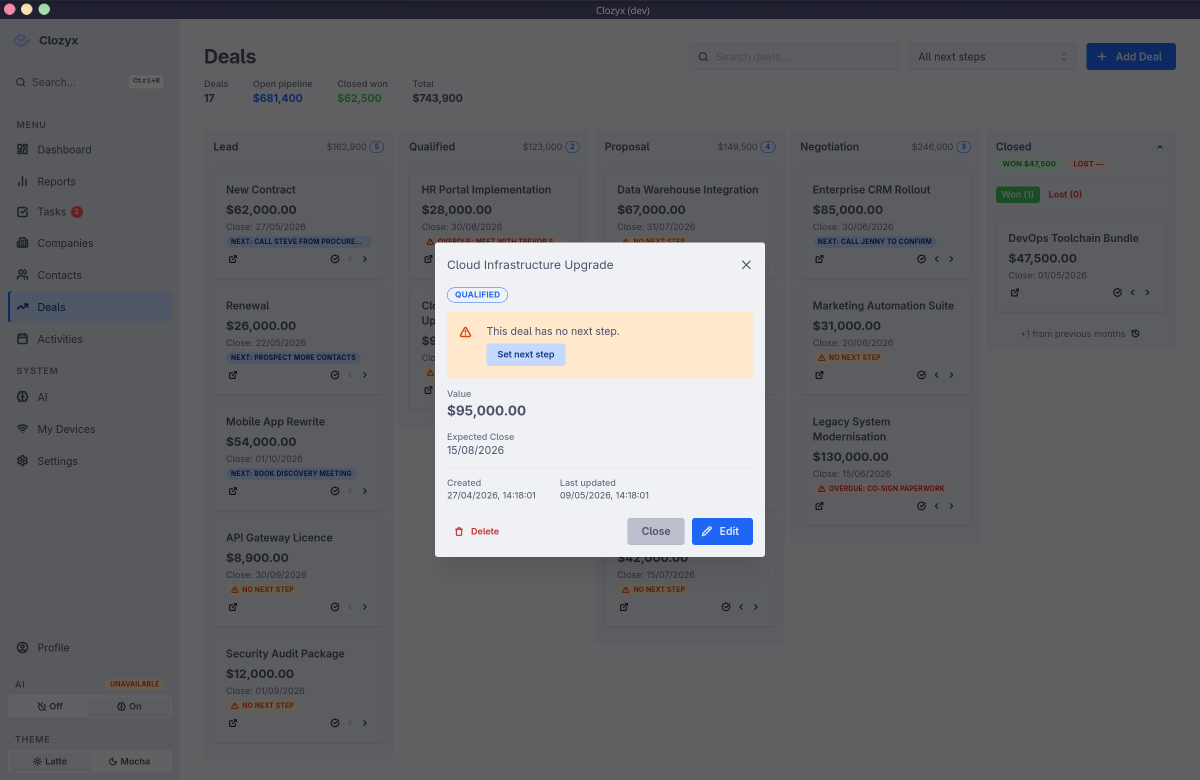 Clozyx deal detail panel with the Next Step field highlighted and the Set next step button visible