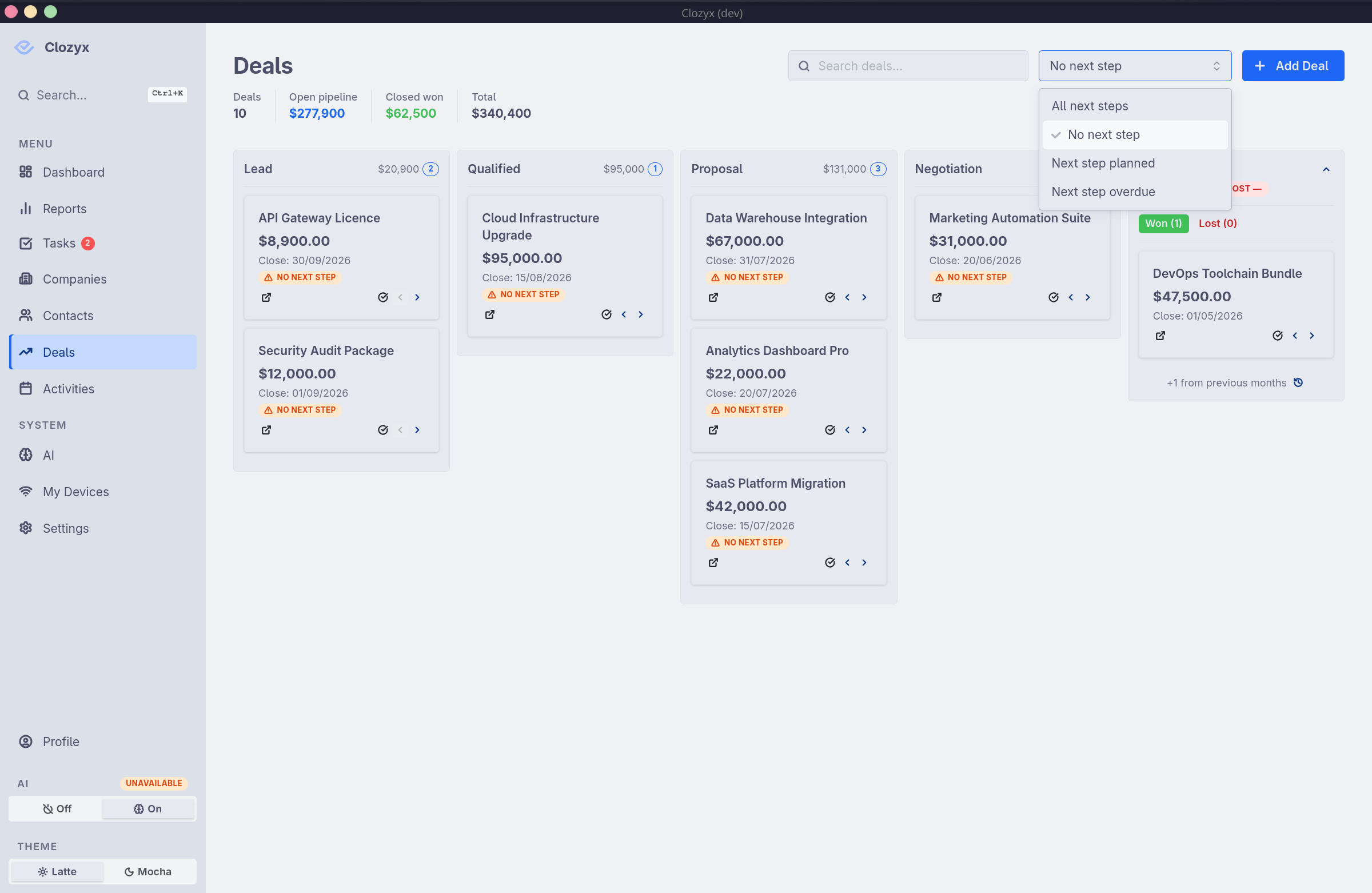 Clozyx deals list filtered to show only deals with no next step