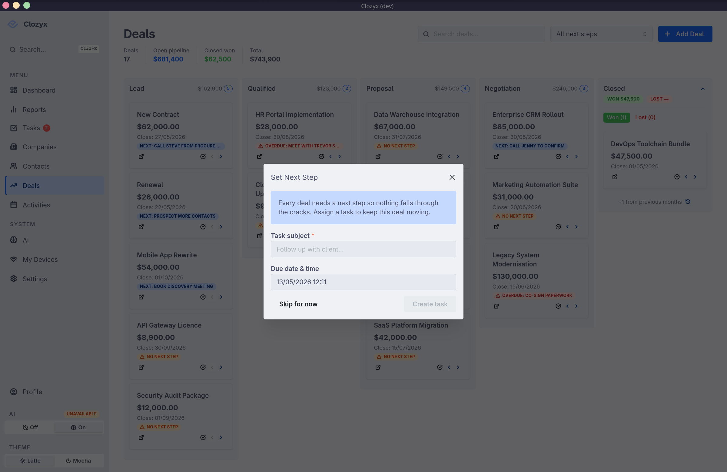 Clozyx stage-move confirmation dialog with a prompt to set a next step task before confirming
